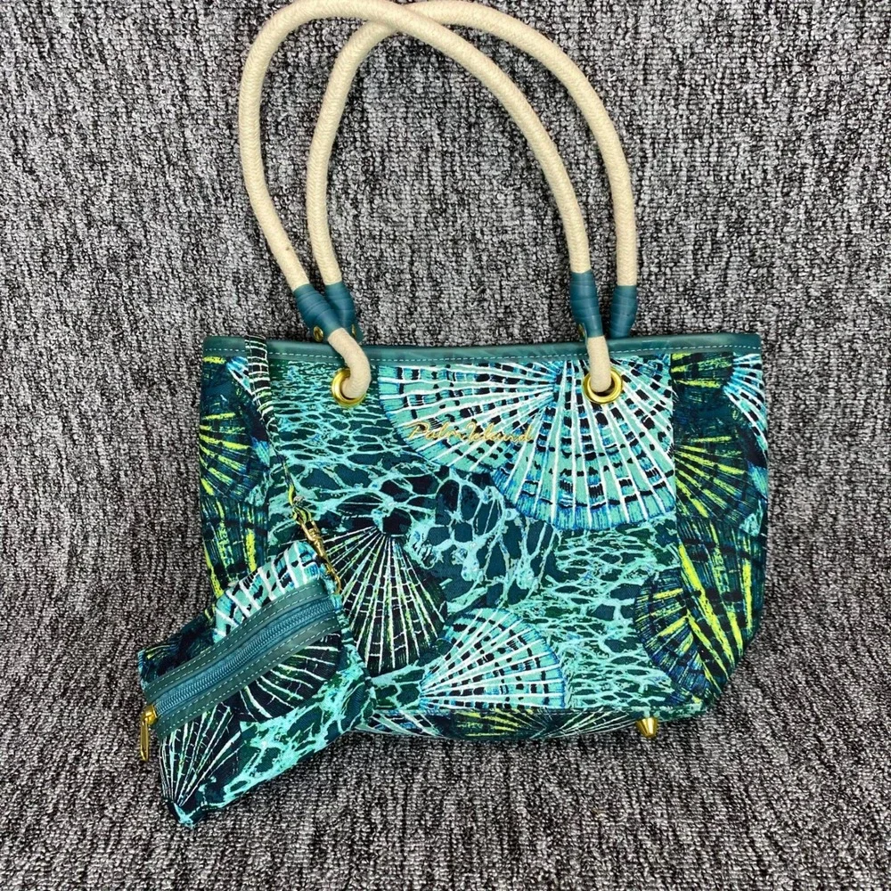 Palm‎ Island Sea Turtle Seashell Tote Bag Pouch Set Teal Blue Beach Rope Handle